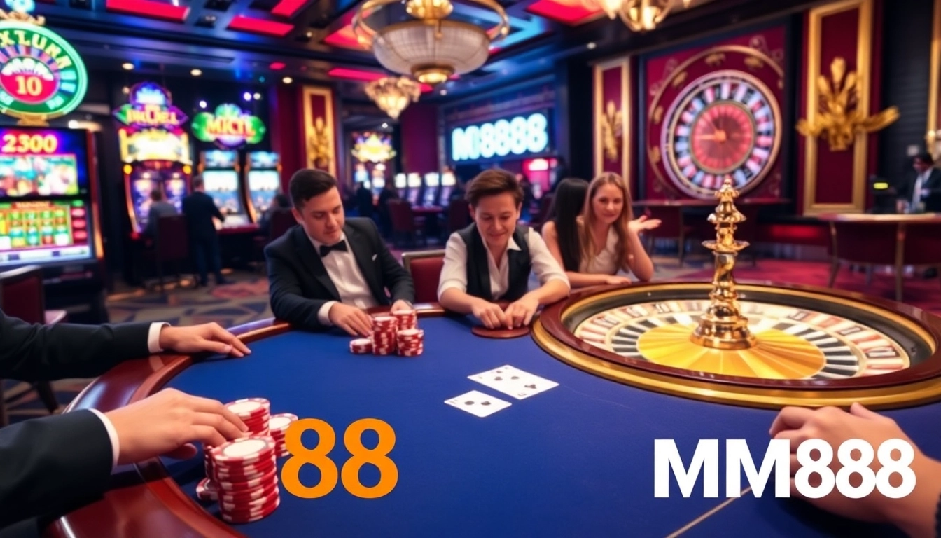 MM88 players enjoying high-stakes poker with chips and cards in an exciting casino atmosphere.