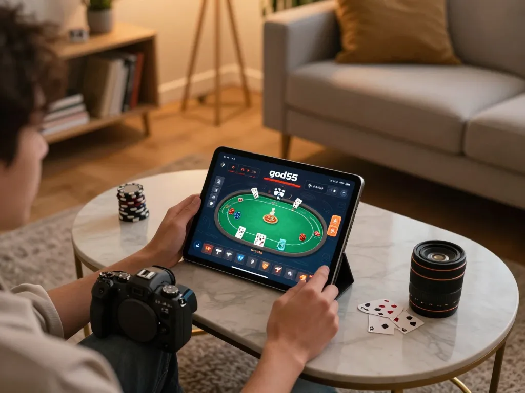 Engaging with the god55 poker game on a tablet, set in a cozy living room.