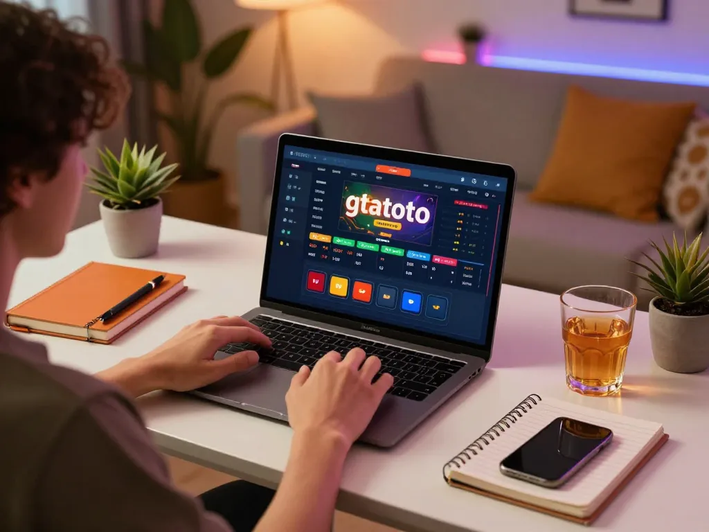 Engaging in gtatoto online betting with focused laptop display and cozy home atmosphere