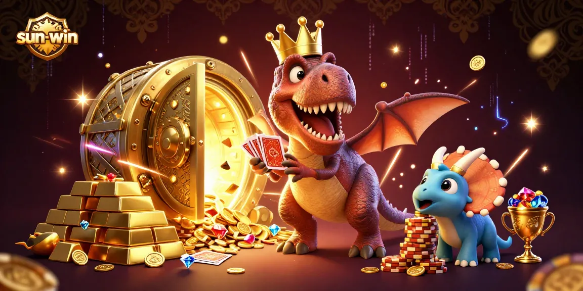 Engage with sun-win's vibrant casino adventure featuring a T-Rex and friends amidst riches.