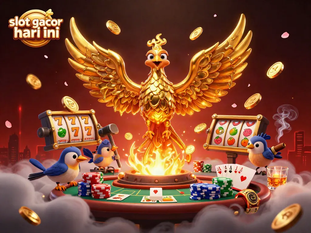 Ilustrasi 3D slot gacor hari ini menampilkan phoenix emas dan elemen kasino lainnya yang menarik.