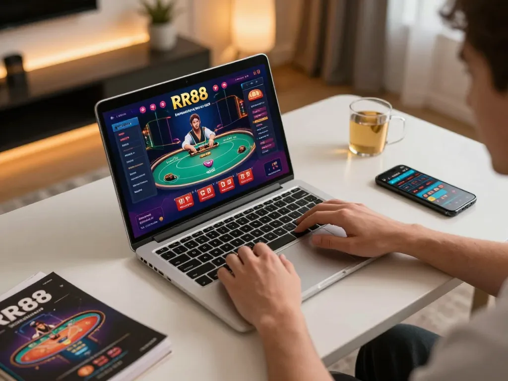 Person strategizing while playing RR88 online poker on a laptop in a cozy home setup.