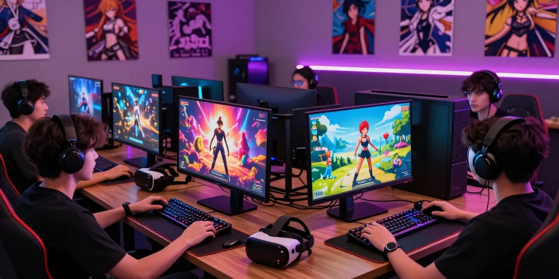 Exciting scene of players engaging with hentai games in a vibrant gaming lounge, illuminated by anime decor.