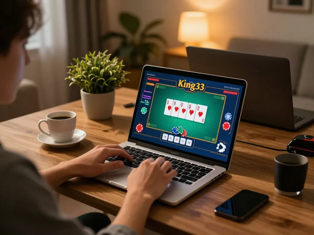 King33 player enjoying online gaming with laptop and poker interface displayed, cozy home setup.