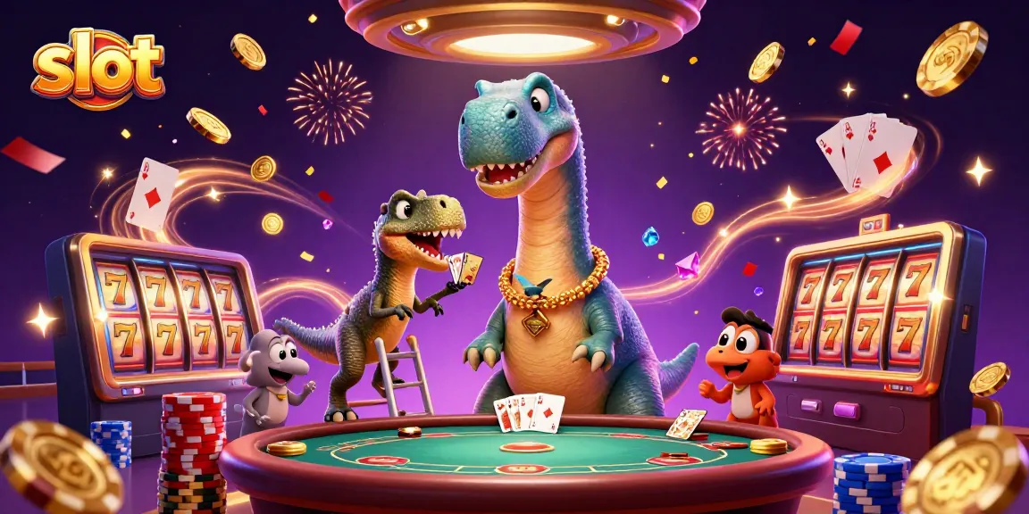 Experience thrilling slot action with a fun dinosaur-themed casino illustration featuring vibrant elements.
