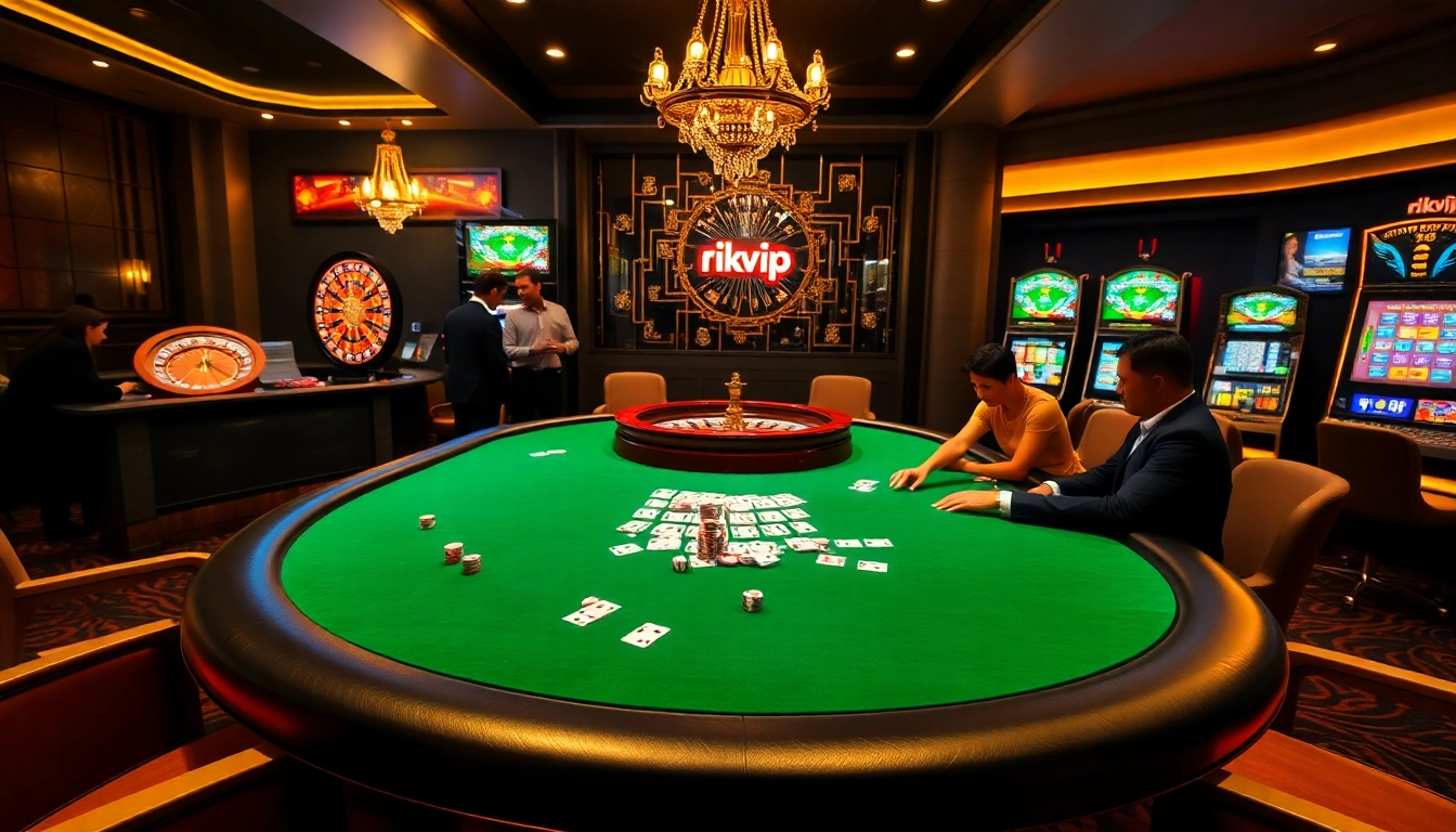 Playing poker at rikvip in a luxurious casino atmosphere with vibrant slot machines.