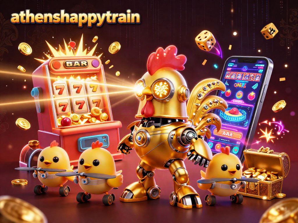 Join the fun of athenshappytrain with a vibrant 3D illustration of a golden rooster robot amidst casino games and jackpots.