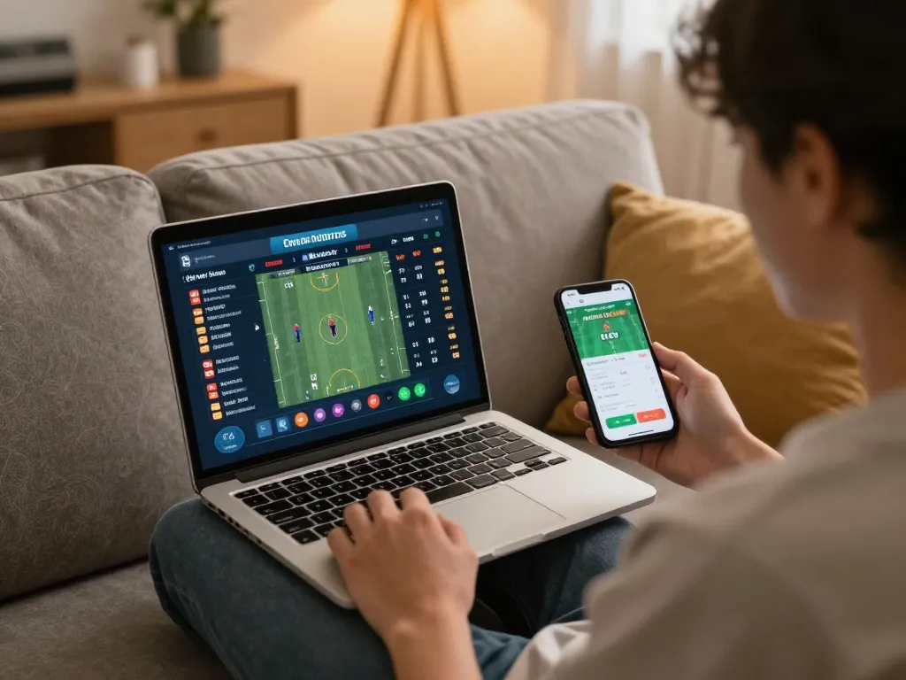 Experience engaging sports betting with open88 com in a cozy home setting as user strategizes on laptop