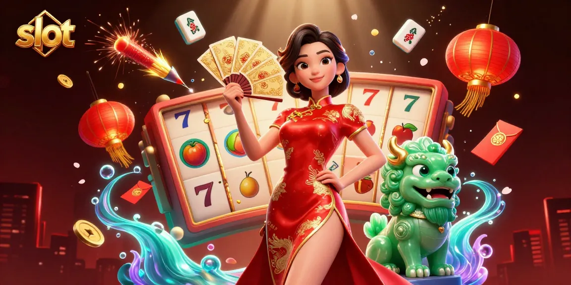 Spin the slot reels in a dynamic scene featuring an elegant woman in a qipao and vibrant casino elements.