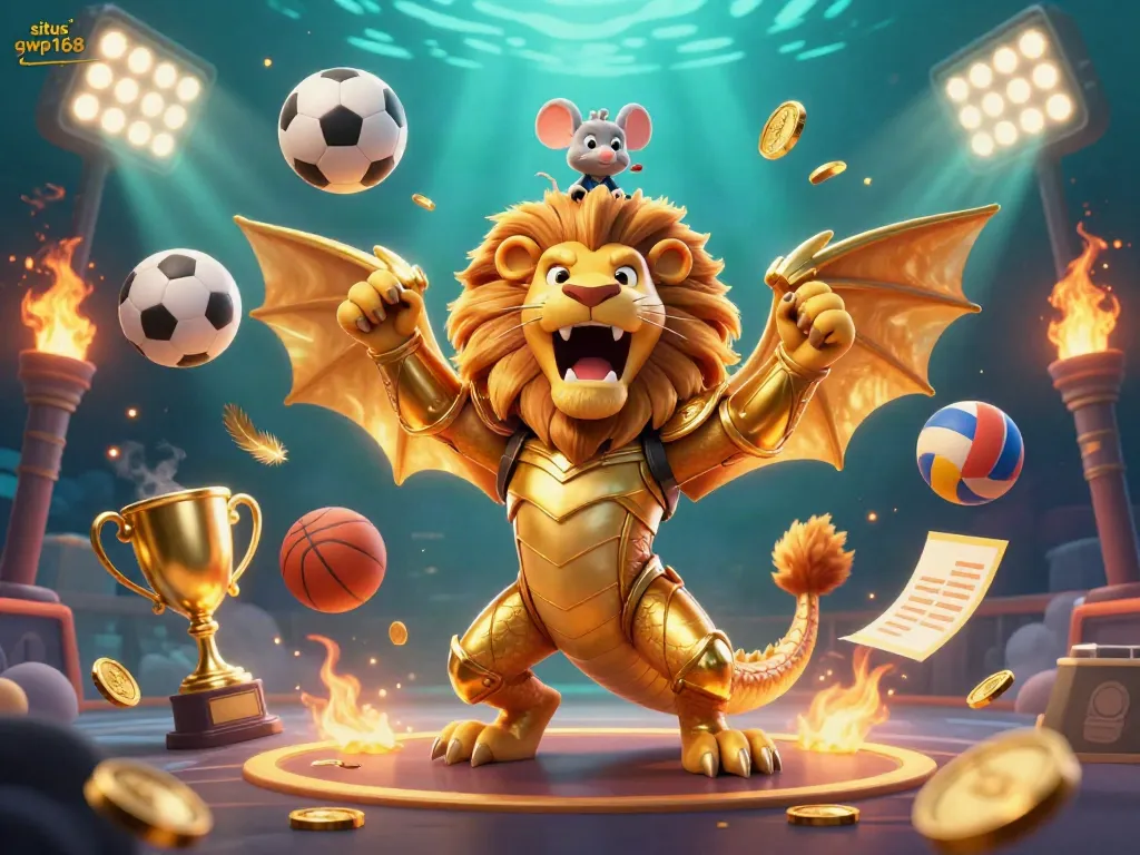 Permainan seru situs gwp168 dengan chimera berlapis emas dan bola olahraga, menciptakan pengalaman kasino yang menegangkan.