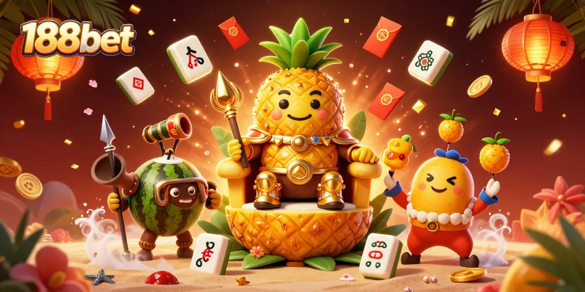 Experience thrilling gaming with 188bet's vibrant beach casino, featuring a golden pineapple king.