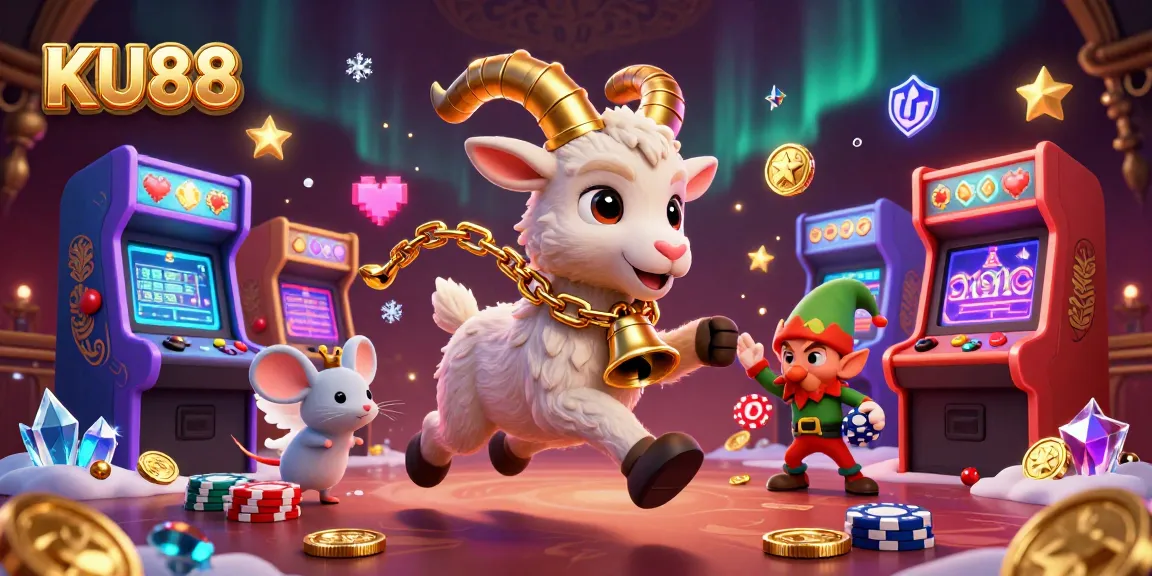 Join the festive KU88 casino fun with Krampus, an angel mouse, and mischievous elves in a lively scene