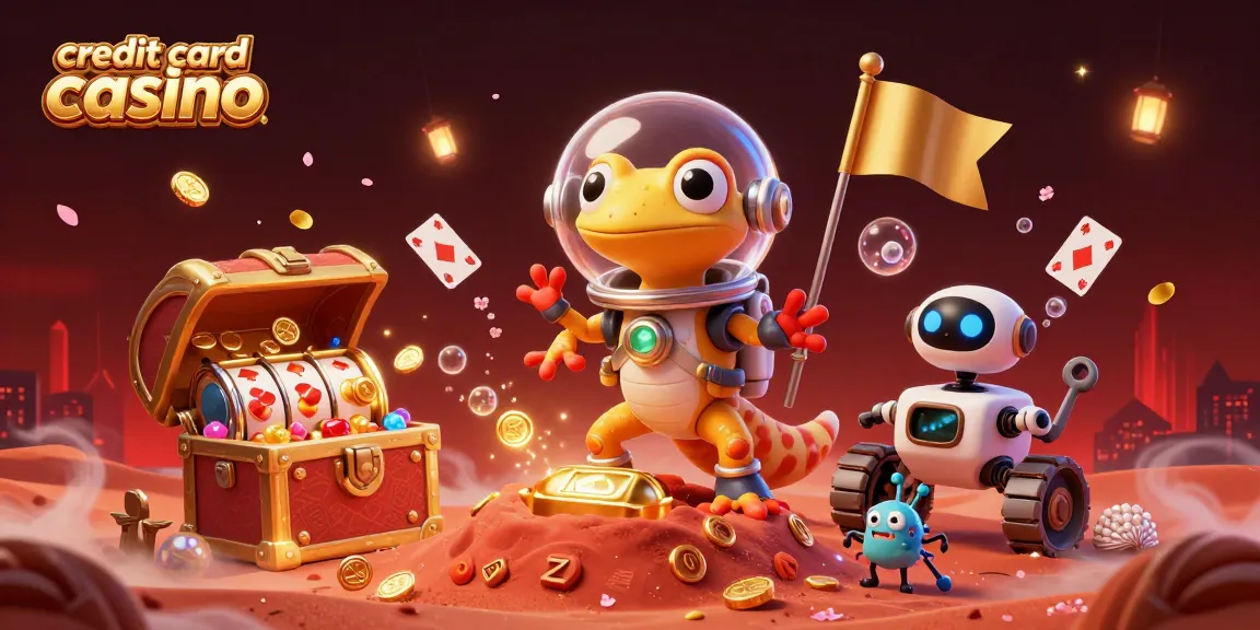 Engage in thrilling action at a vibrant credit card casino featuring a Martian gecko and robot in a dynamic scene.