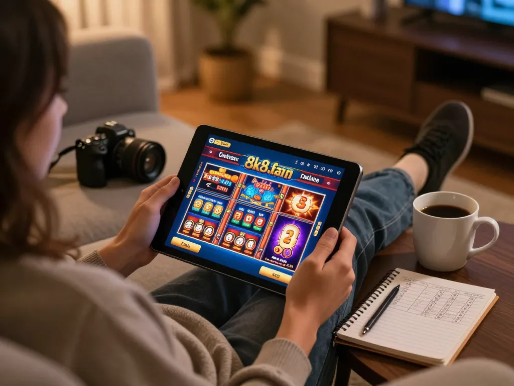 Player enjoying slots on the 8k8.fan app in a cozy living room, highlighting the online gaming experience