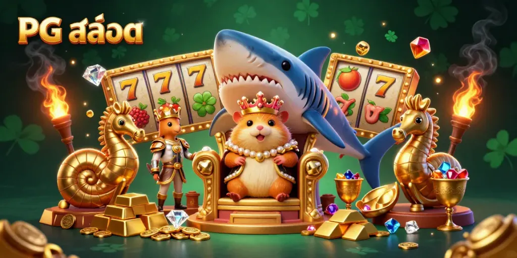 Experience the magic of PG สล็อต with the golden hamster king in a thrilling casino setting, surrounded by treasures.