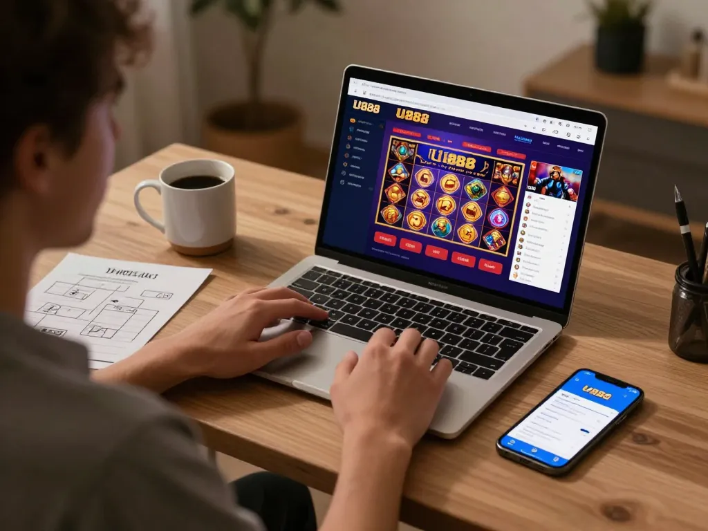 Player engaging in online casino gaming at U888, showcasing an inviting home setup with strategy notes.