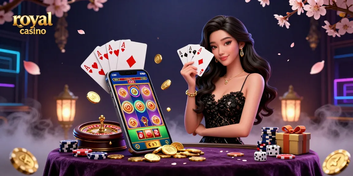 Experience royal casino excitement with a photorealistic Asian woman holding playing cards amidst vibrant gaming elements.