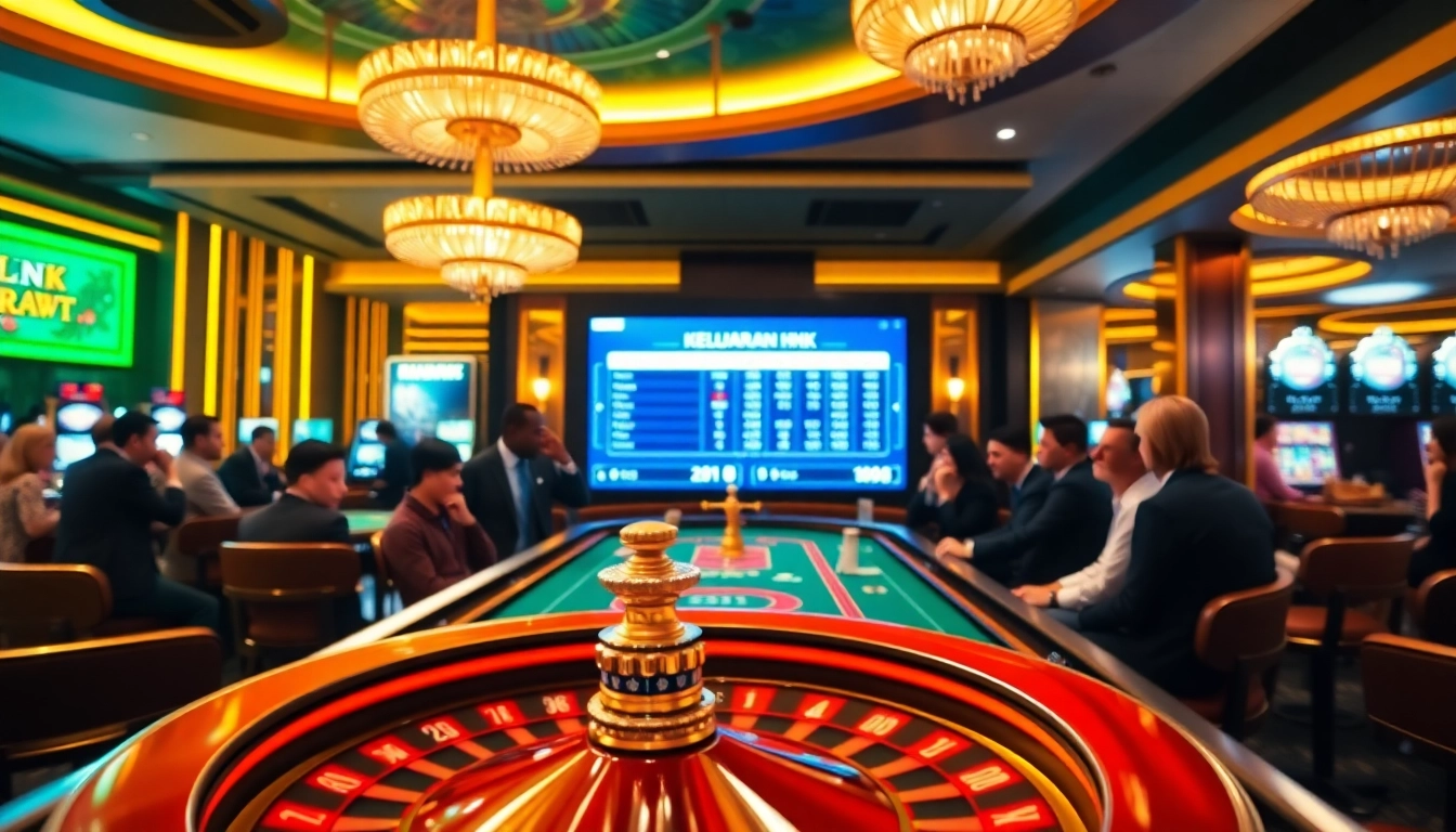 Keluaran HK results unfolding in a luxurious casino setting with excited gamblers engaging with poker chips and roulette wheels.