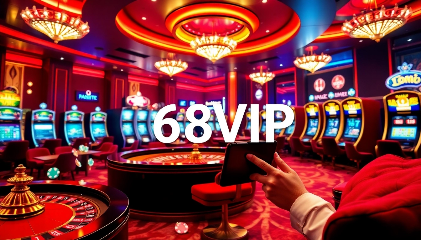 Engage with Đăng Nhập Nhà Cái 68VIP in an elegant casino atmosphere featuring roulette and slot machines.