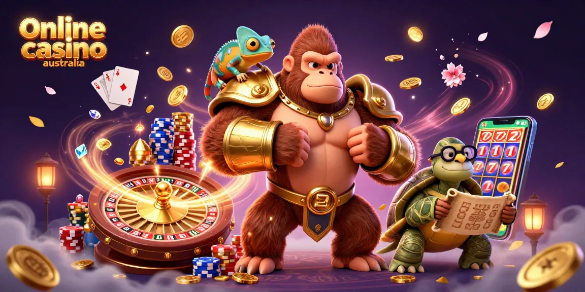Experience thrilling excitement at online casino Australia with a vibrant 3D scene depicting a gorilla king and more.