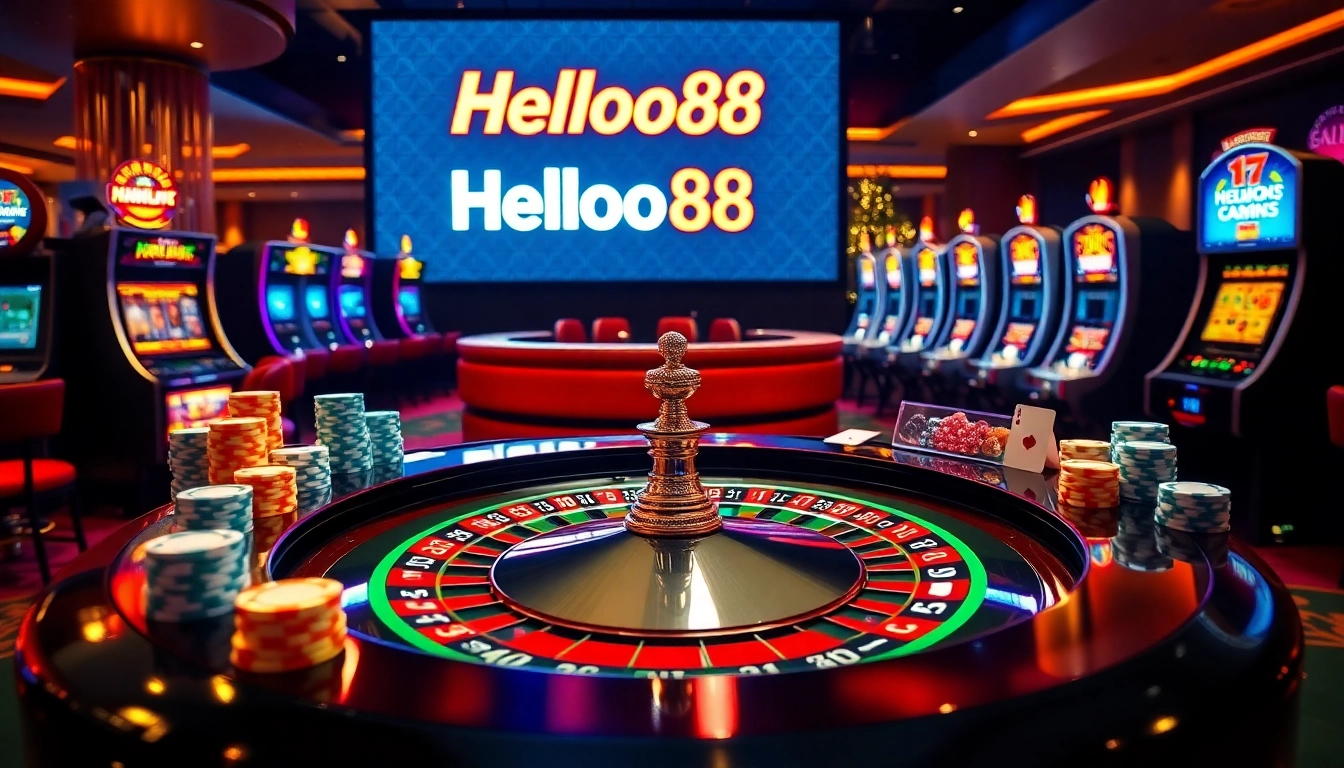 Experience the thrill of Helloo88 at a vibrant casino with roulette and slot machines.
