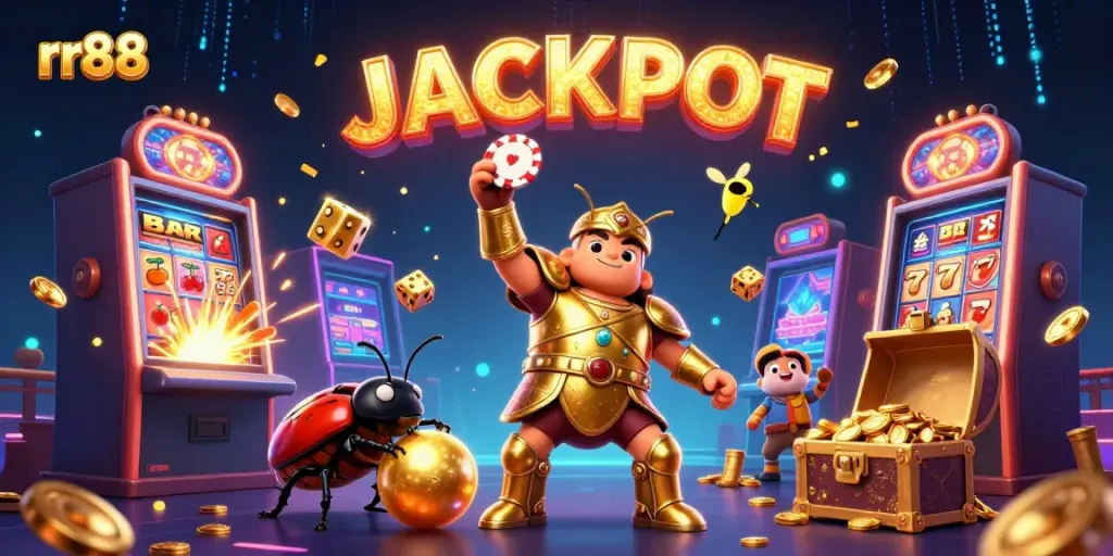Experience the excitement of rr88 with an illustration of victory in a vibrant casino scene.