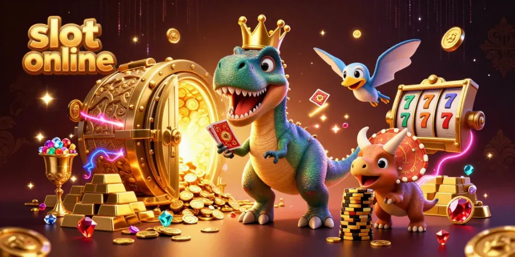 Bermain slot online dengan gaya; ilustrasi kasino yang ceria dengan karakter dinosaurus dan elemen emas.