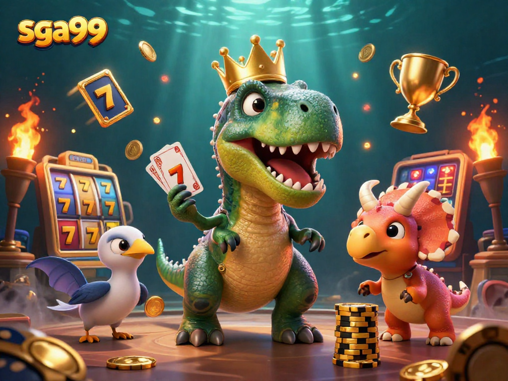 Sga99 welcomes players with a vibrant casino scene featuring dinosaurs engaged in exciting slot games.
