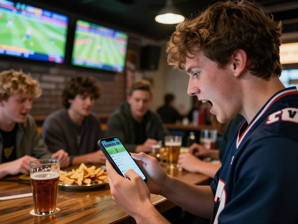 Engaging sports betting moment at a bar with a focus on UGDEWA app for live odds.
