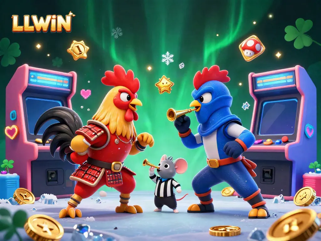 Witness a thrilling standoff between samurai and ninja roosters in LLWIN's vibrant casino setting.