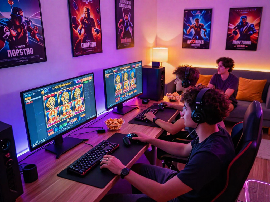 Group of friends enjoying a lively session playing toto slot in a modern gaming setup