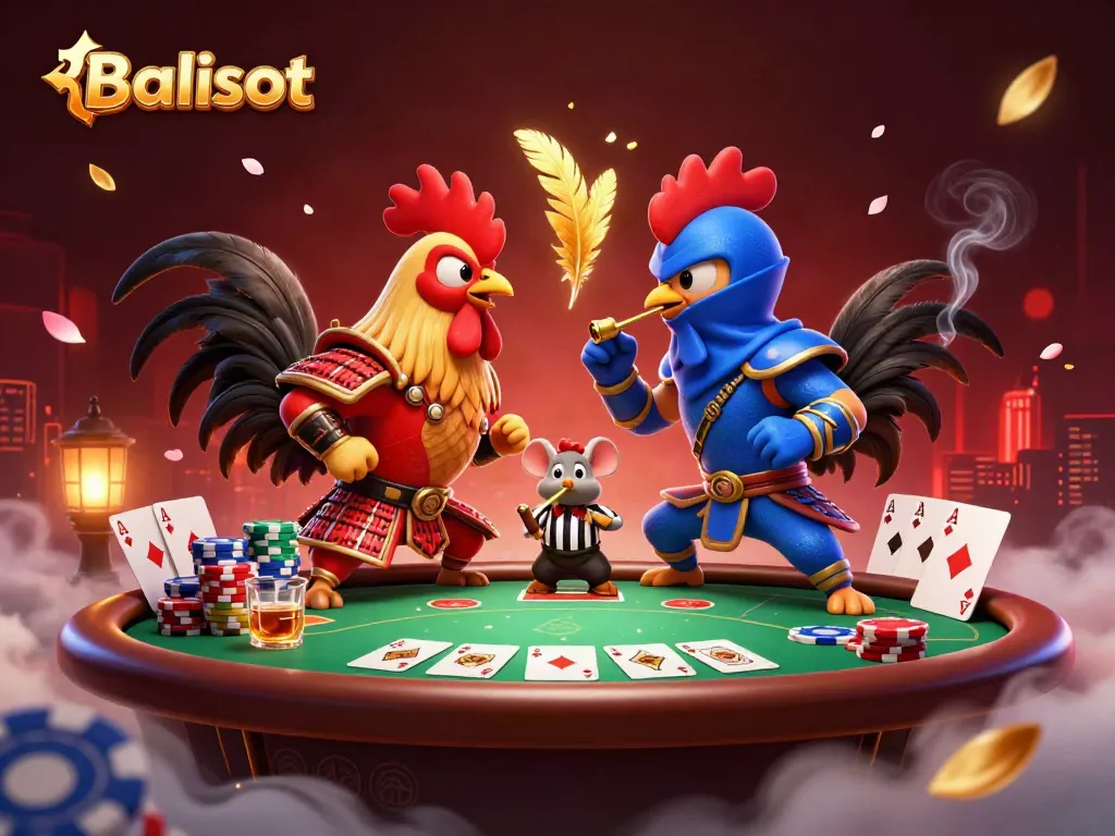 Engage with thrilling Balislot gaming scenes featuring duel roosters and vibrant poker elements.