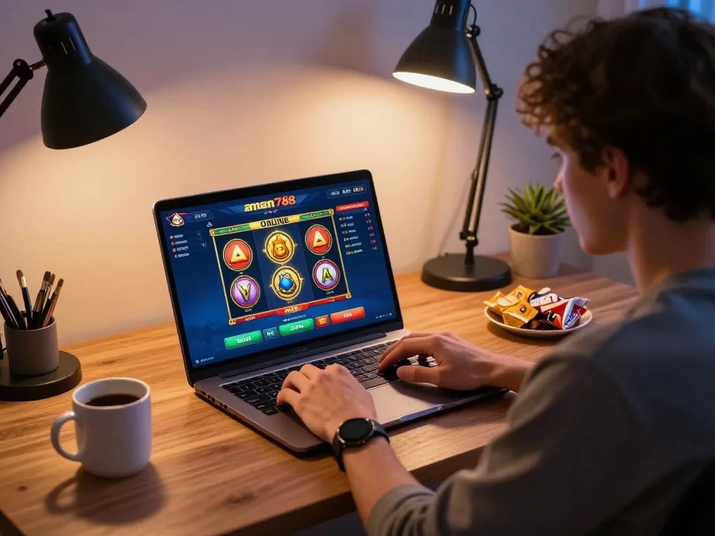 Pemain yang terlibat menggunakan laptop untuk permainan slot online aman788 dengan antarmuka yang cerah dan suasana kantor rumah yang hangat.
