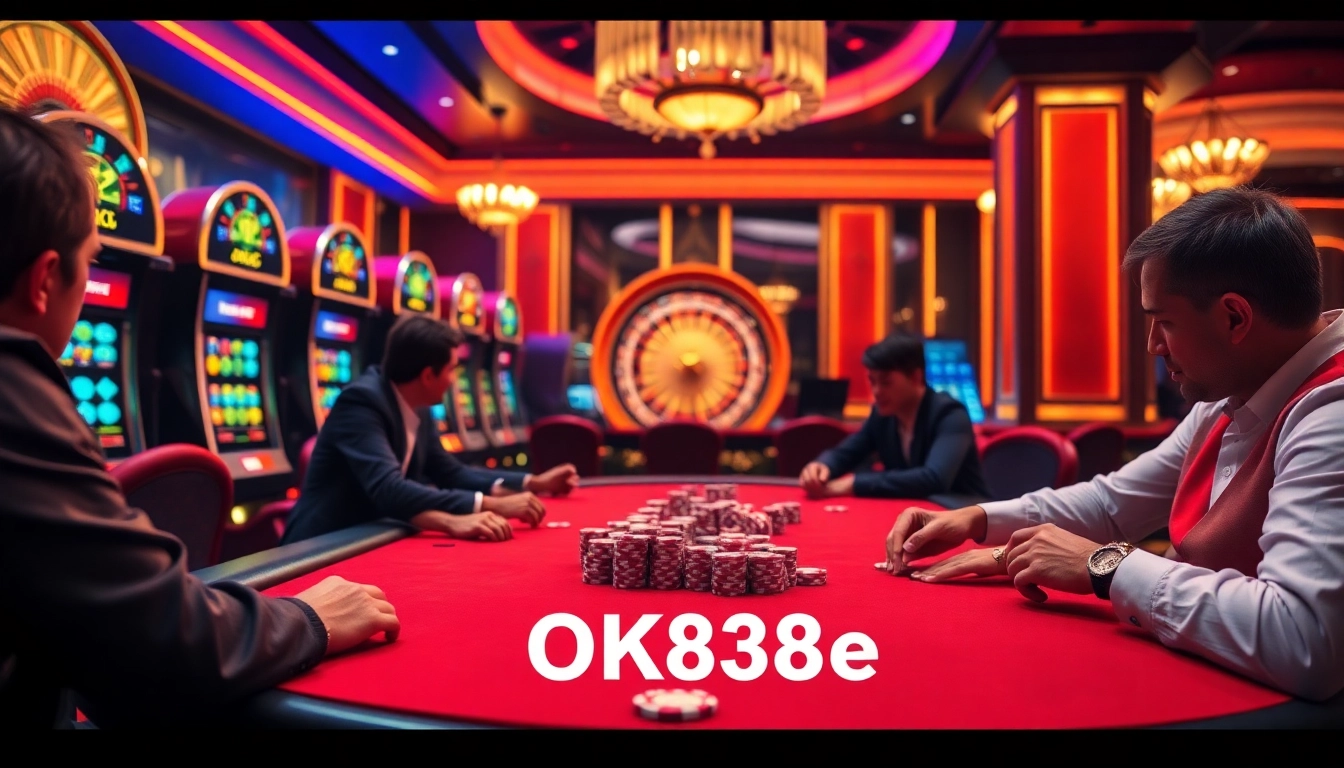 Experience thrilling poker gameplay at a casino with OK8386-themed chips and vibrant slot machines.