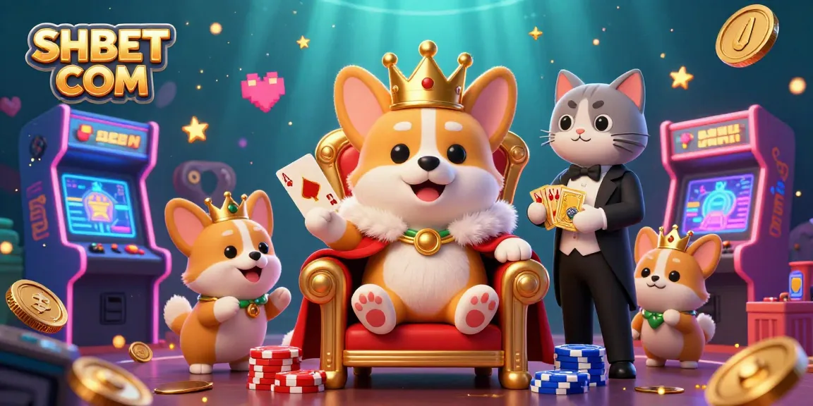 Experience thrilling games at SHBET COM with a royal corgi and a cat butler in a vibrant casino scene.