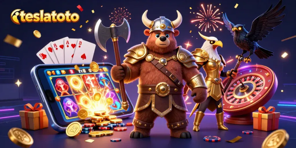 Engage in slot gaming excitement with teslatoto's vibrant 3D illustration featuring dynamic casino elements.