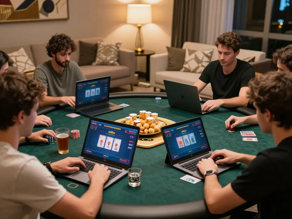 lv88seo players engaged in online poker game with cards visible and cozy home atmosphere