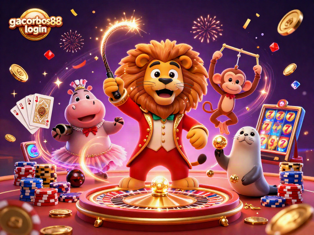 Experience excitement with gacorbos88 login, featuring a vibrant circus-themed casino scene.