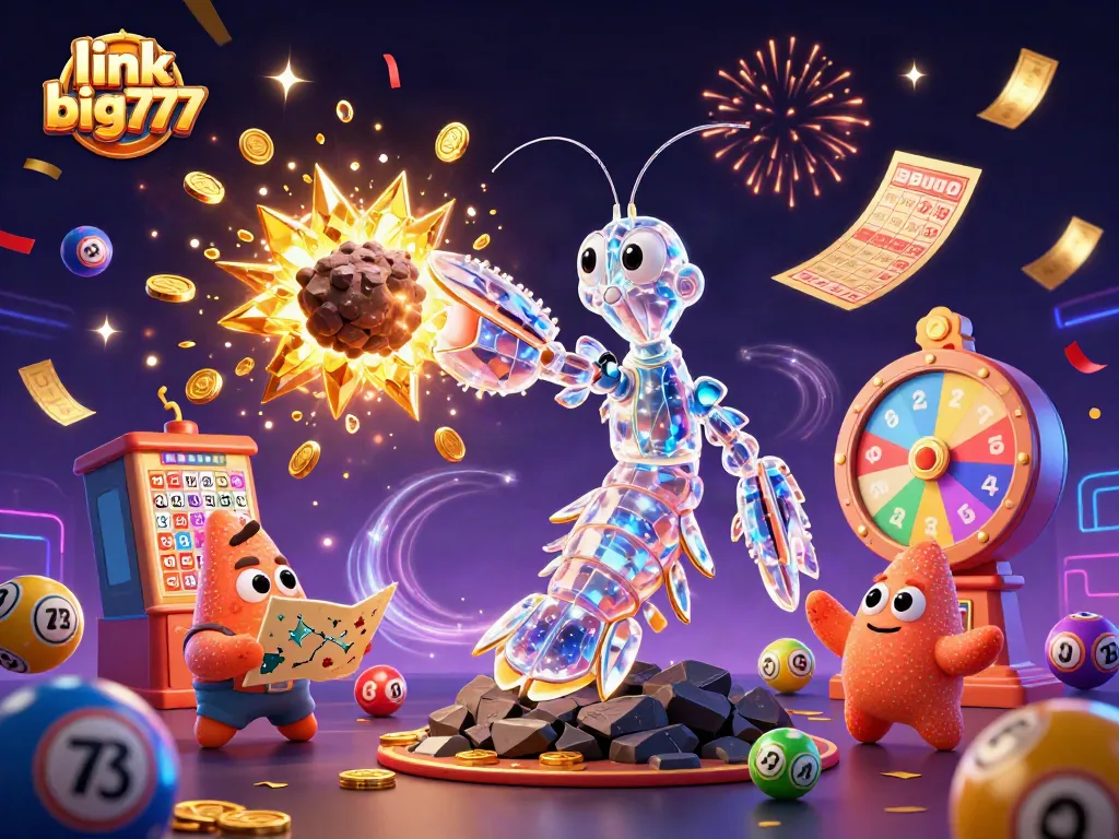 Engage with link big777 at a vibrant casino scene featuring colorful lottery elements and energetic characters.