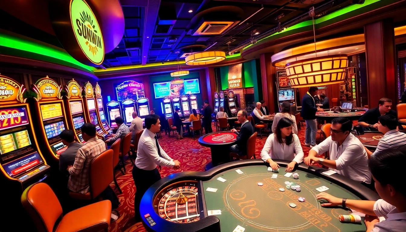 Players enjoying casino games at Sunwin, featuring vibrant slot machines and poker tables.