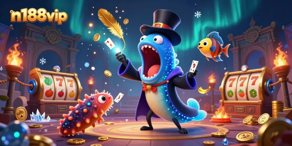 Experience the thrill of n188vip with vibrant casino characters performing magic and exciting slot game elements.