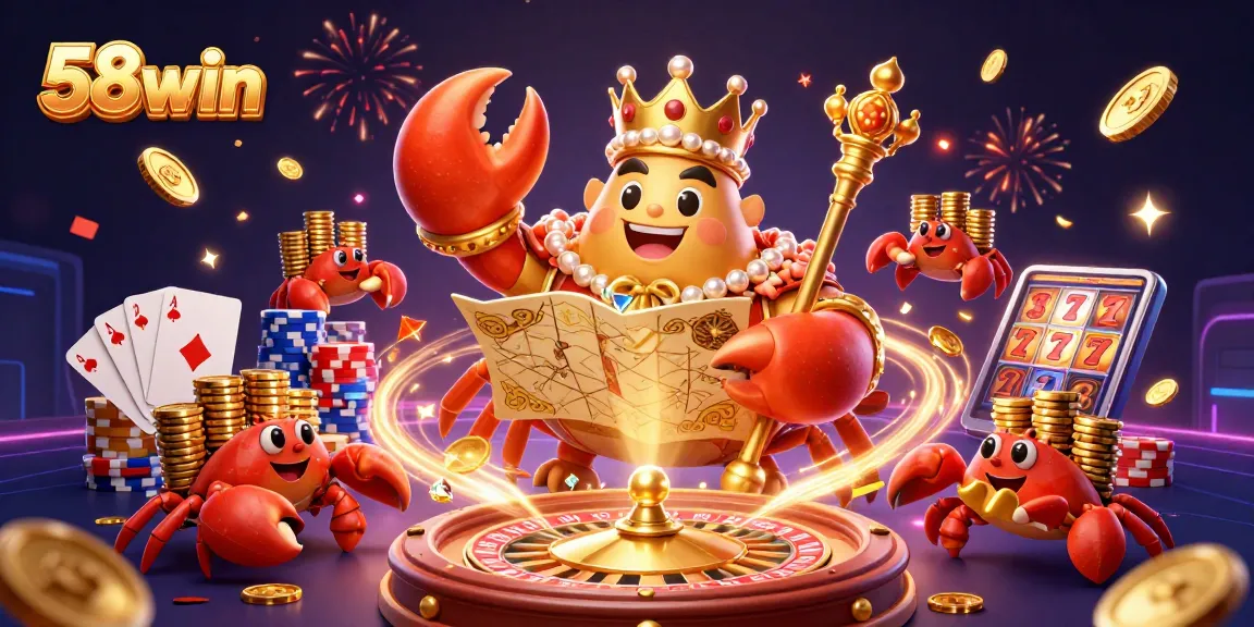 Experience thrilling rewards at 58win with golden crab emperor presiding over a vibrant casino scene.