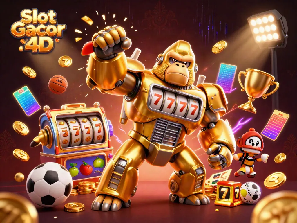 Gorilla emas transformer di Slot Gacor 4D dengan simbol buah dan jackpot yang mengesankan.