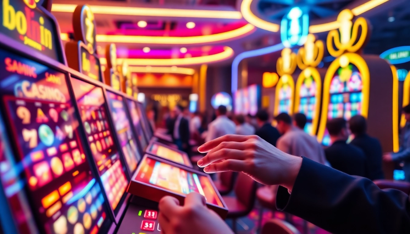 Spiele von casino online spiele in einem lebhaften digitalen Casino-Umfeld mit bunten Spielgeräten.