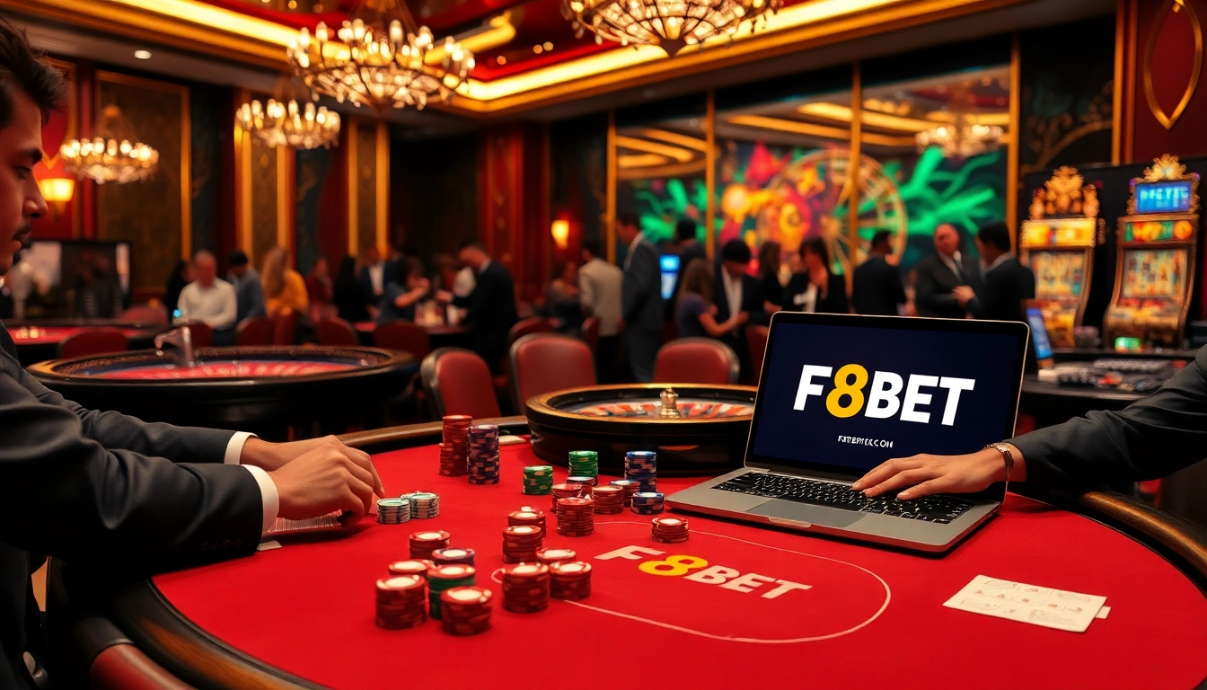 Exciting gambling scene featuring players at https://f8bet.me.uk/ poker table, vibrant chips, and roulette.