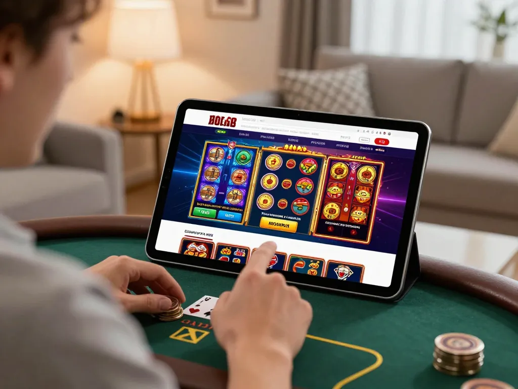 Player engaging with 888NEW online casino games on a tablet in a cozy home setting