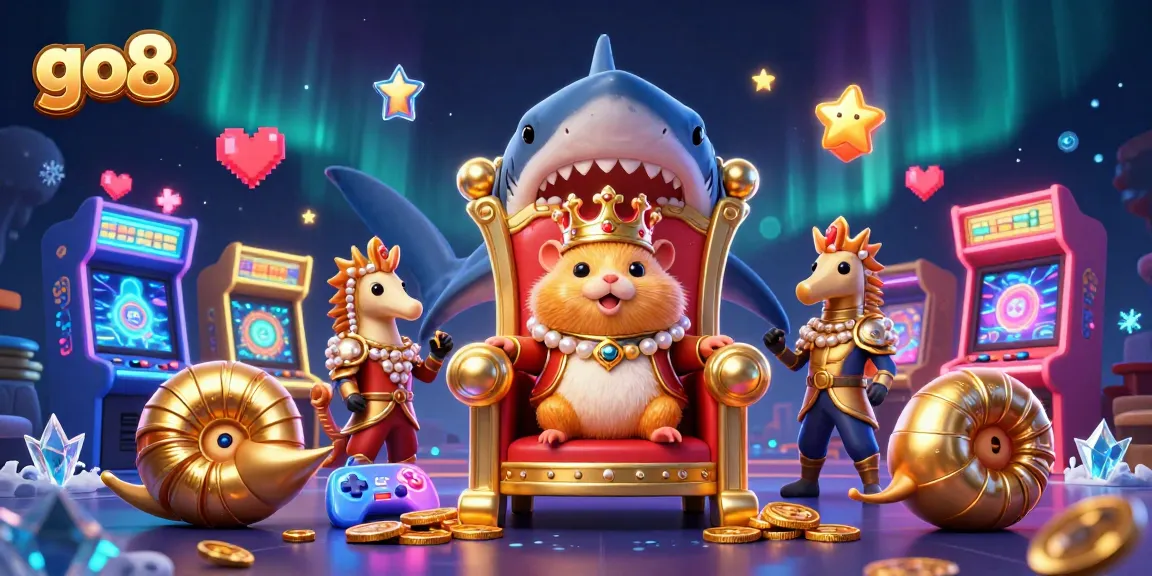 Experience go8's exciting gaming with a golden hamster king on a megalodon throne amidst vibrant arcade elements.