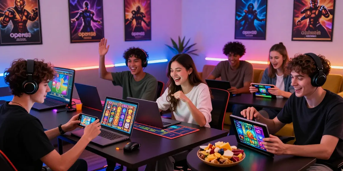 Exciting group of players engaging with games at https://open88.games/ in a modern gaming room, capturing the thrill of online betting.