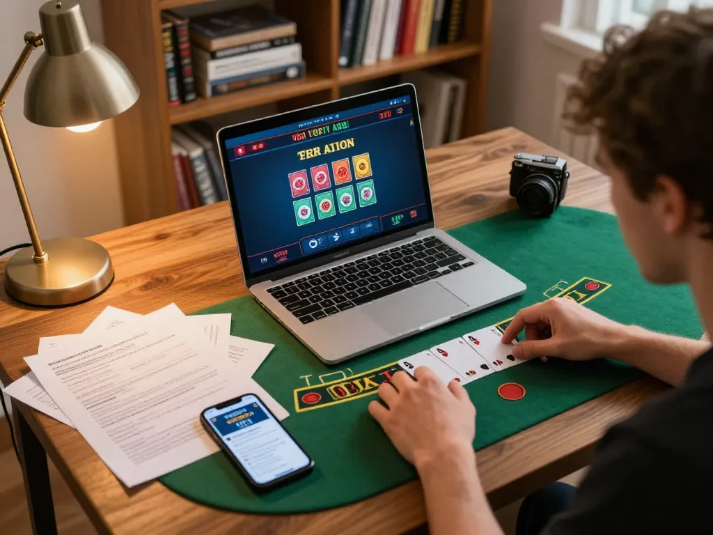 Player enjoying blackjack game on open88 com with gaming notes in cozy home setting.