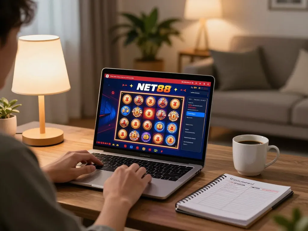 Engaging in online casino gameplay at NET88 with a vibrant slot interface on laptop.